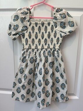 Crewcuts by J.Crew Girls' smocked block-print Floral Dress - Ivory w Blue Sz 5